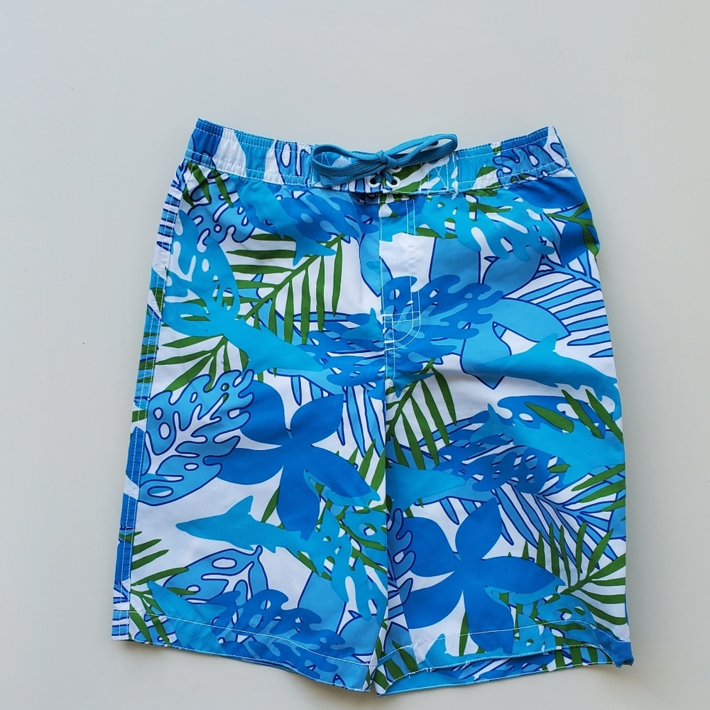 New Boys swim trunks palm leaf blue green